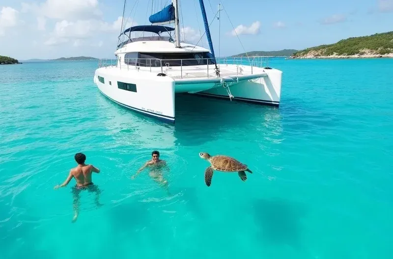 Half-Day Luxury Catamaran Turtle Snorkel & Beach, swim with turtles in St. Thomas